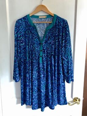 Women’s Blue Patterned Tunic with Teal Trim